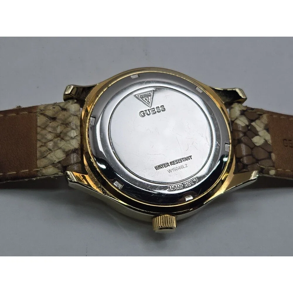 GUESS Womens Gold Tone MOP Day Date Watch Crystals Snake Leather New Battery